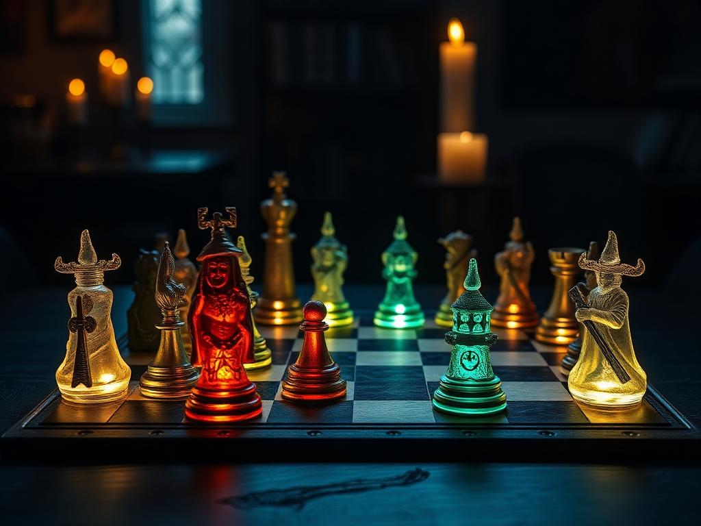 Échiquier magique aux pièces lumineuses sur une table de bois sombre
