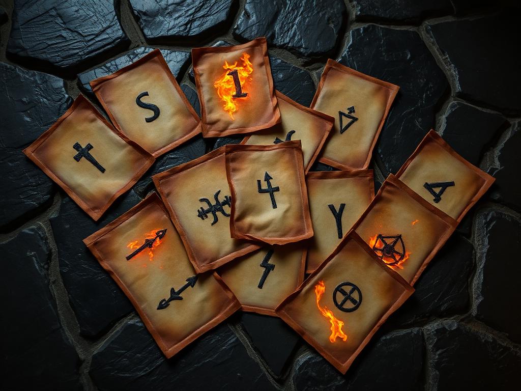 Cartes de parchemin gravées de runes lumineuses sur un sol de pierre